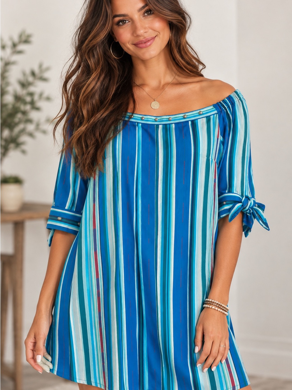 Striped Off-Shoulder Blue Tunic with Tie Sleeves